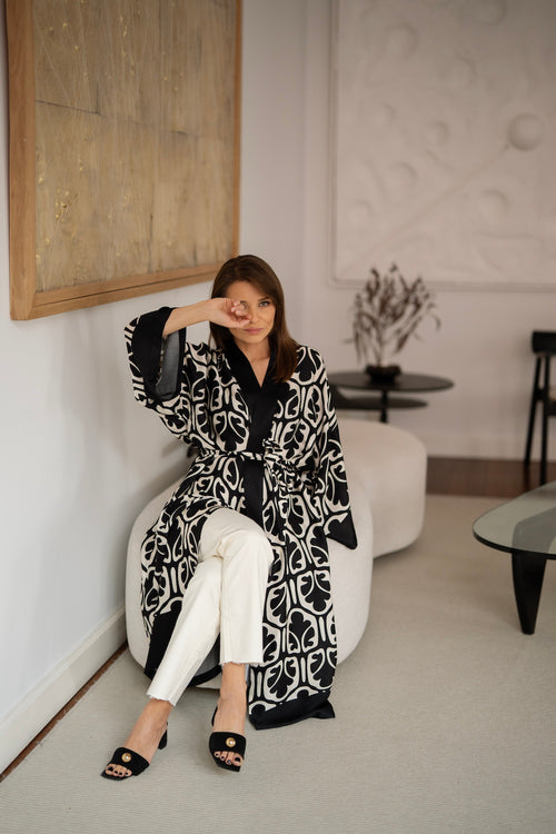 'LA BOHÈME' DŁUGIE CZARNO-BIAŁE DAMSKIE KIMONO Z WISKOZY YUKATA