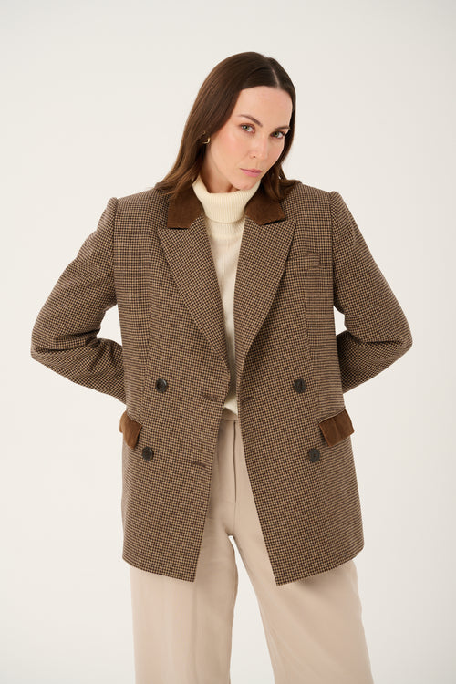 BROWN WOOL JACKET MADE OF 100% ITALIAN WOOL 'OXFORD BROWN' WITH HOUNDSTOOTH PATTERN
