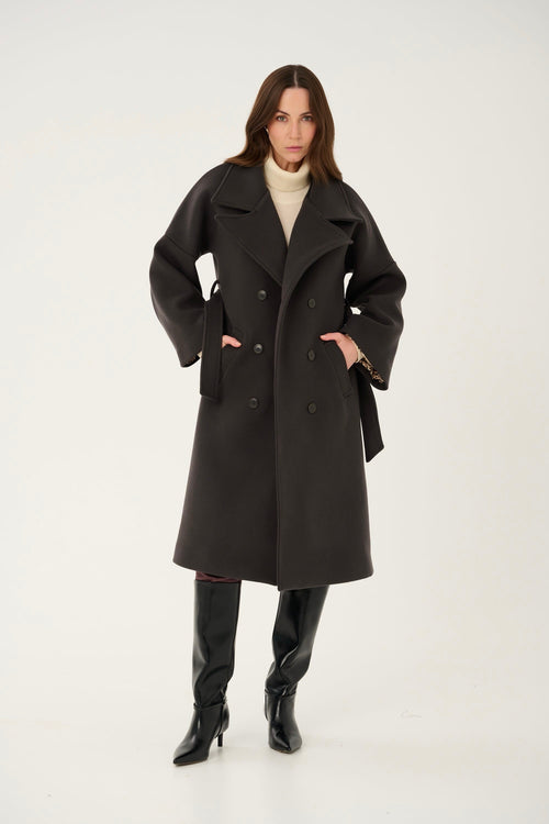 GRAY 'CHARBON' CASHMERE AND WOOL COAT WITH KIMONO-STYLE SLEEVES