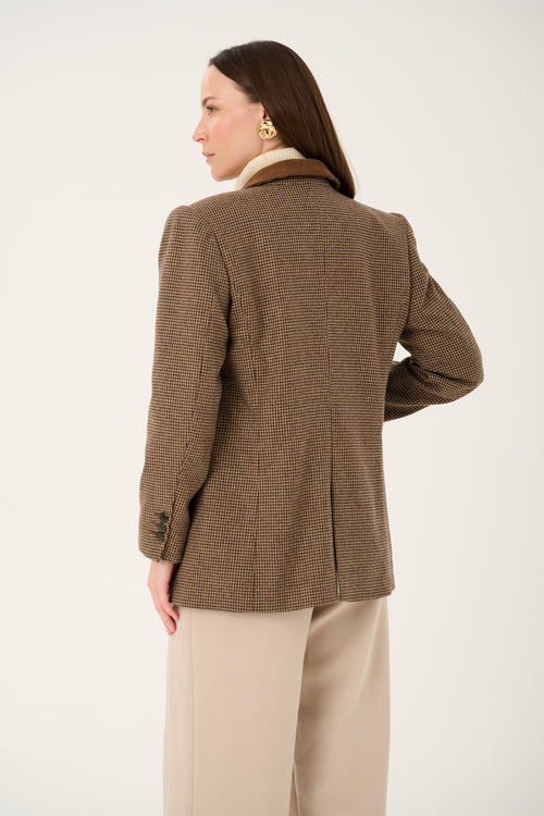 BROWN WOOL JACKET MADE OF 100% ITALIAN WOOL 'OXFORD BROWN' WITH HOUNDSTOOTH PATTERN