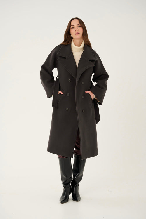GRAY 'CHARBON' CASHMERE AND WOOL COAT WITH KIMONO-STYLE SLEEVES