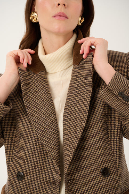 BROWN WOOL JACKET MADE OF 100% ITALIAN WOOL 'OXFORD BROWN' WITH HOUNDSTOOTH PATTERN
