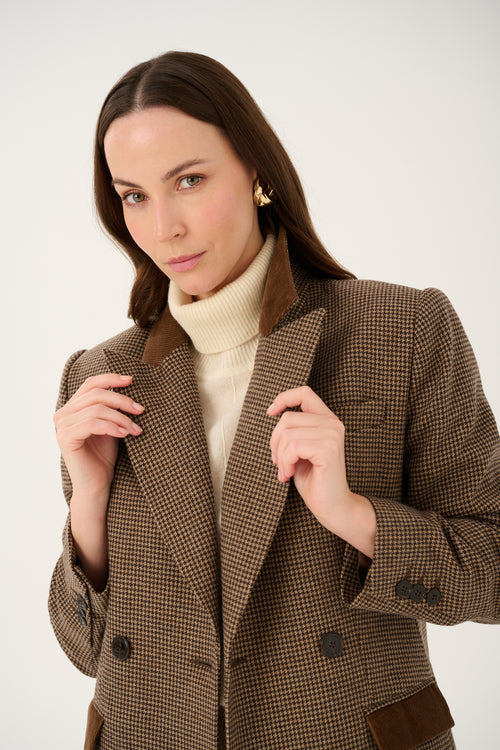 BROWN WOOL JACKET MADE OF 100% ITALIAN WOOL 'OXFORD BROWN' WITH HOUNDSTOOTH PATTERN