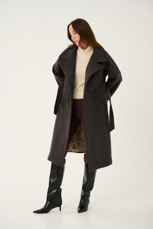 GRAY 'CHARBON' CASHMERE AND WOOL COAT WITH KIMONO-STYLE SLEEVES
