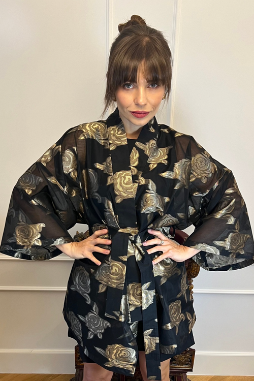 ‚ROSE MIST' CZARNE ELEGANCKIE KIMONO 100% JEDWABNE HAFTOWANE W ZŁOTE RÓŻE