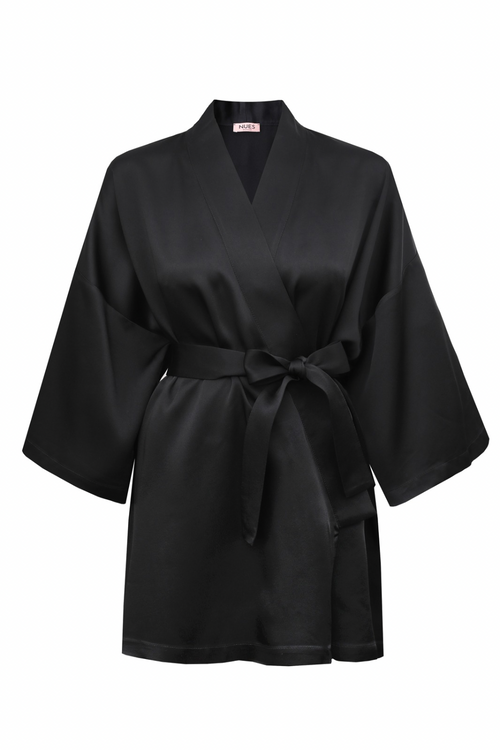 'BLACK DIAMOND' ELEGANCKIE KRÓTKIE CZARNE KIMONO DAMSKIE Z SATYNOWEJ WISKOZY