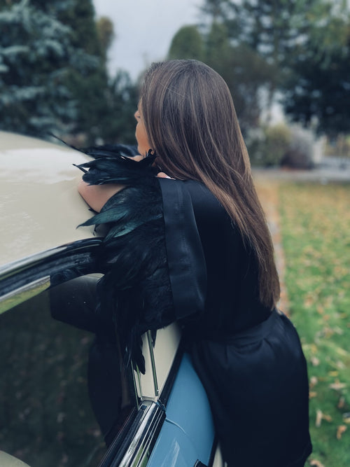 KIMONO CZARNE Z PIÓRAMI ‚BLACK SWAN’
