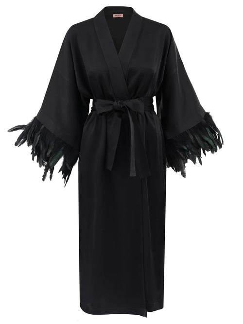 KIMONO CZARNE Z PIÓRAMI ‚BLACK SWAN’