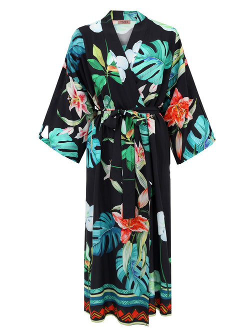 KIMONO PLAŻOWE CZARNE W KWIATY ,MISS INDEPENDENT’