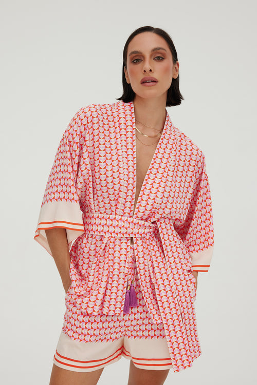 SET KIMONO I SZORTY Z WŁOSKIEJ WISKOZY W GRAFICZNY PRINT — ‚MITLA’