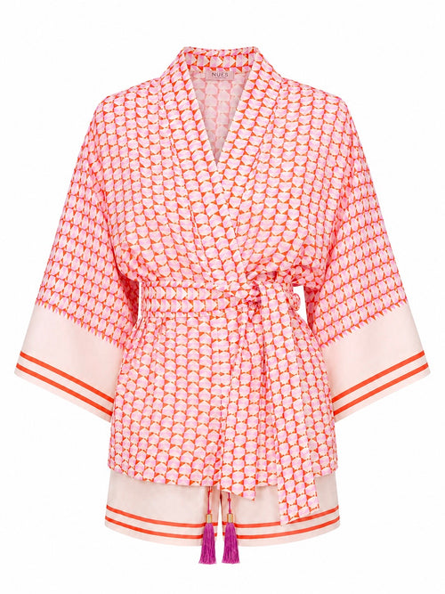 SET KIMONO I SZORTY Z WŁOSKIEJ WISKOZY W GRAFICZNY PRINT — ‚MITLA’