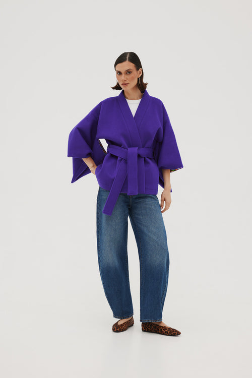 KRÓTKIE WEŁNIANE KIMONO DAMSKIE HAORI Z JEDWABNĄ PODSZEWKĄ – ‘VIOLET’