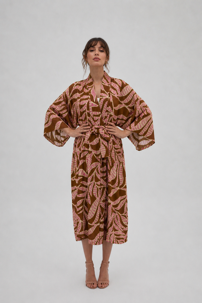 DŁUGIE KIMONO 'BOTANICA' Z WŁOSKIEJ WISKOZY W RÓŻOWY PRINT