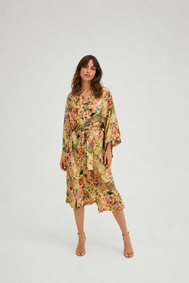 JEDWABNE KIMONO W KWIATOWY PRINT 'TAKE ME TO BALI LONG'