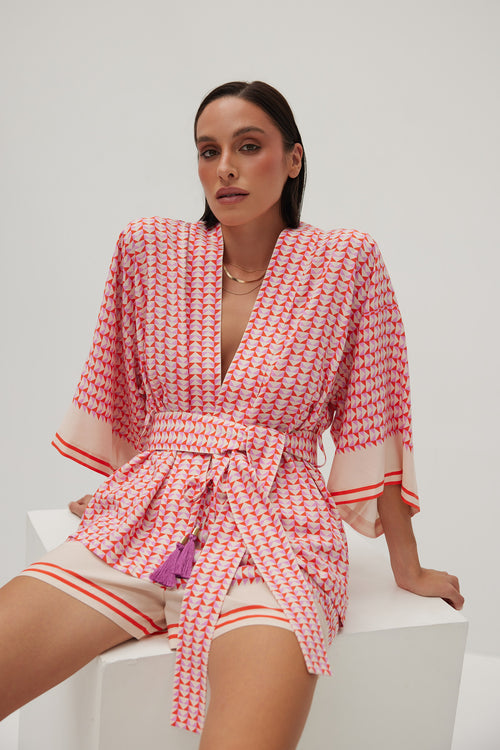 SET KIMONO I SZORTY Z WŁOSKIEJ WISKOZY W GRAFICZNY PRINT — ‚MITLA’