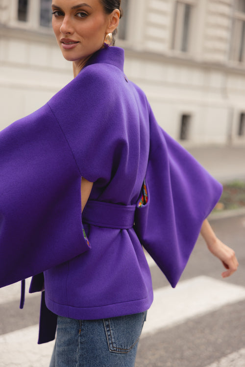 KRÓTKIE WEŁNIANE KIMONO DAMSKIE HAORI Z JEDWABNĄ PODSZEWKĄ – ‘VIOLET’