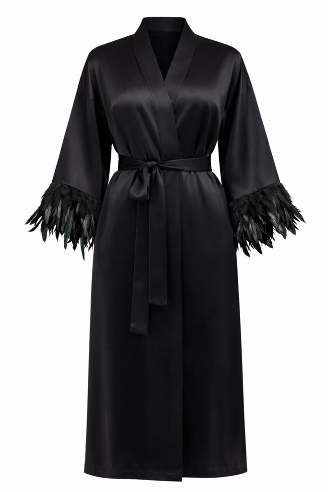 KIMONO CZARNE Z PIÓRAMI ‚BLACK SWAN’