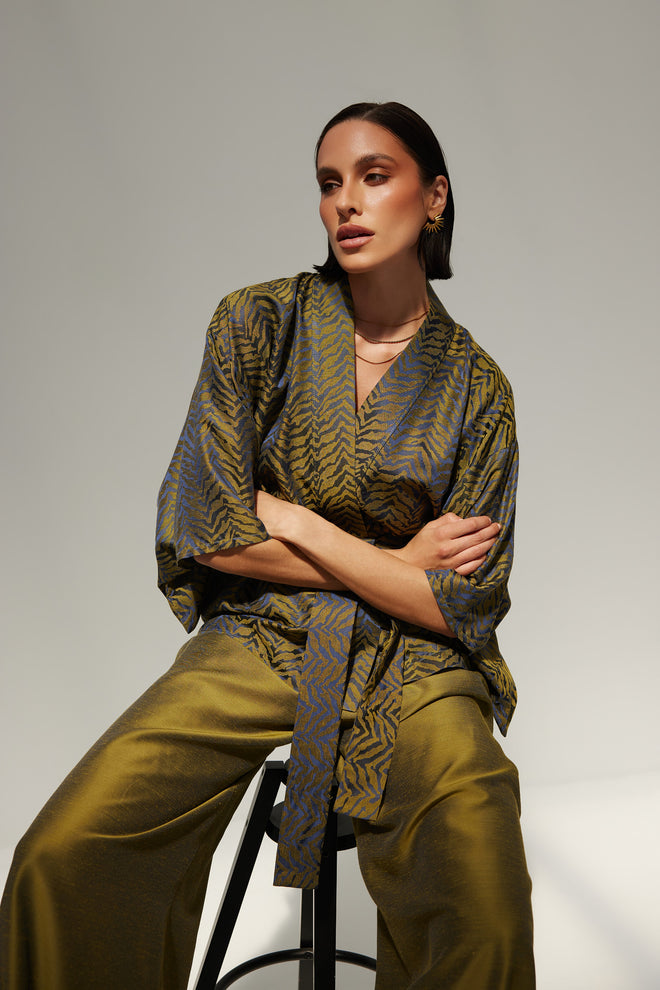 SET ,GOLDEN EVE’ KIMONO HAORI JAPOŃSKIE I SPODNIE Z WISKOZY