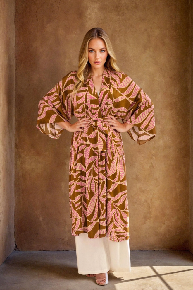 DŁUGIE KIMONO 'BOTANICA' Z WŁOSKIEJ WISKOZY W RÓŻOWY PRINT