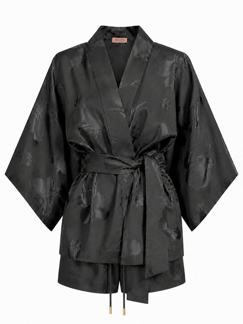 SET KIMONO I SZORTY ZE 100% JEDWABIU W ŻAKARDOWY, KWIATOWY WZÓR — ‚SEOUL’
