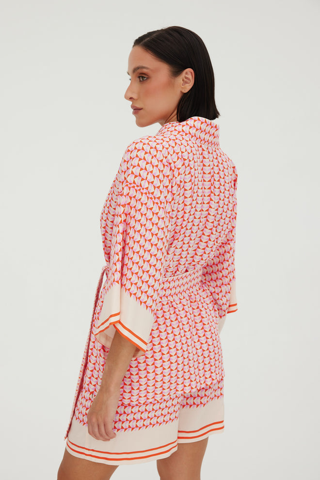 SET KIMONO I SZORTY Z WŁOSKIEJ WISKOZY W GRAFICZNY PRINT — ‚MITLA’