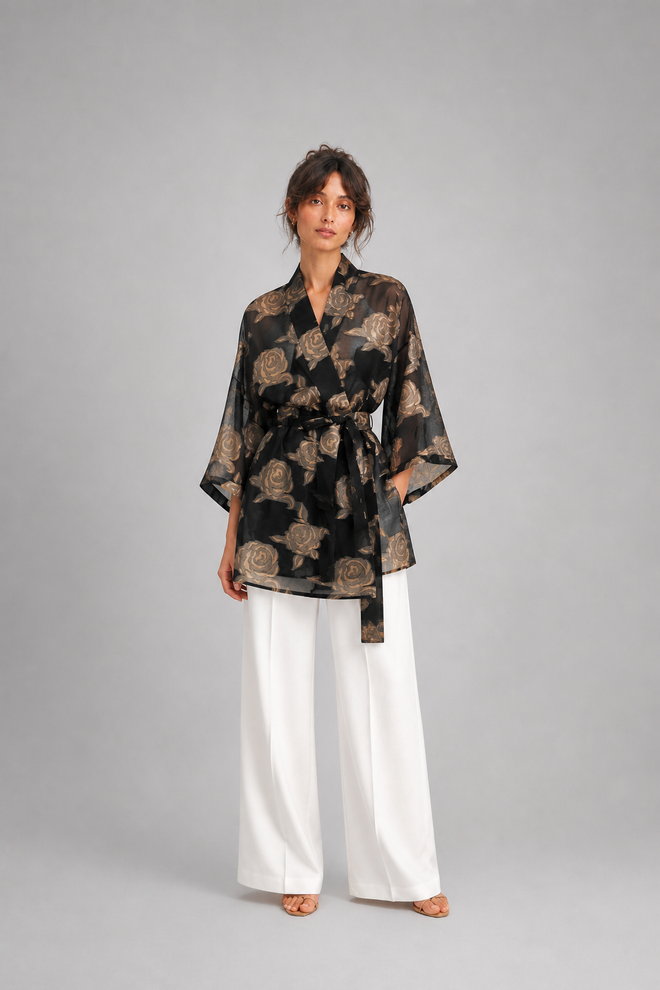 ‚ROSE MIST' CZARNE ELEGANCKIE KIMONO 100% JEDWABNE HAFTOWANE W ZŁOTE RÓŻE