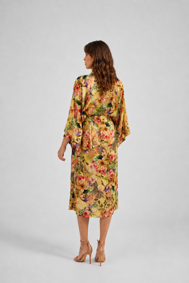 JEDWABNE KIMONO W KWIATOWY PRINT 'TAKE ME TO BALI LONG'