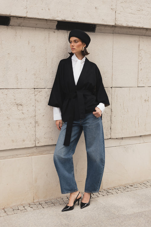 "OYSTER" BLACK WOOL/CASHMERE KIMONO WITH GEOMETRIC PRINT LINING