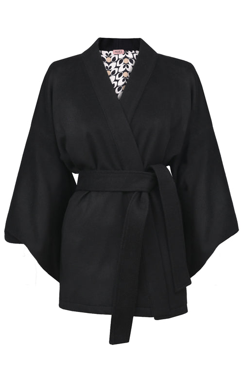 "OYSTER" CZARNE WEŁNIANO-KASZMIROWE KIMONO Z PODSZEWKĄ W GEOMETRYCZNY PRINT