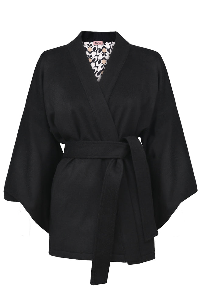 "OYSTER" CZARNE WEŁNIANO-KASZMIROWE KIMONO Z PODSZEWKĄ W GEOMETRYCZNY PRINT