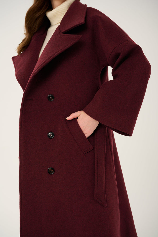 'BORDEAUX' CASHMERE AND WOOL COAT WITH KIMONO-STYLE SLEEVES