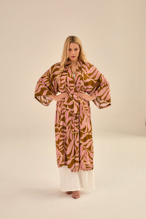 'BOTANICA' LONG KIMONO MADE OF VISCOSE WITH PINK PRINT