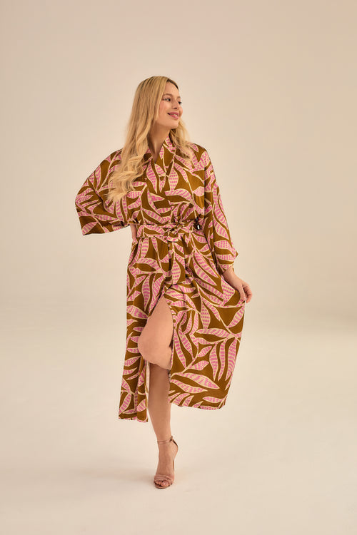 'BOTANICA' LONG KIMONO MADE OF VISCOSE WITH PINK PRINT